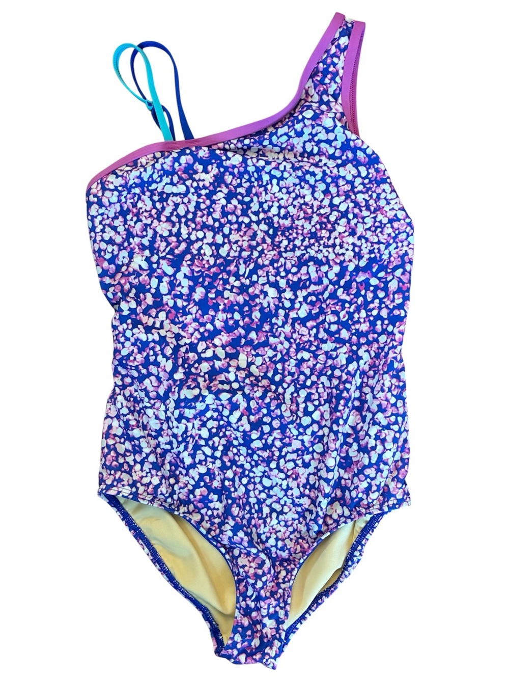 Lands End Girls 10-12 Blue Pink Purple One Shoulder Cutout One Piece Swimsuit